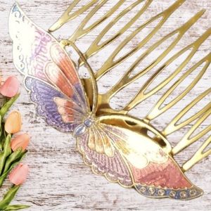 Vintage Cloisonné Butterfly Comb Inlayed Enamel Gold Hair Clip